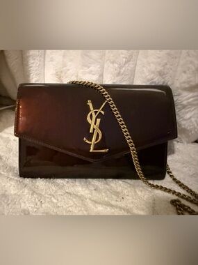 Saint Laurent Black Patent Envelope Chain Clutch with Gold YSL Logo